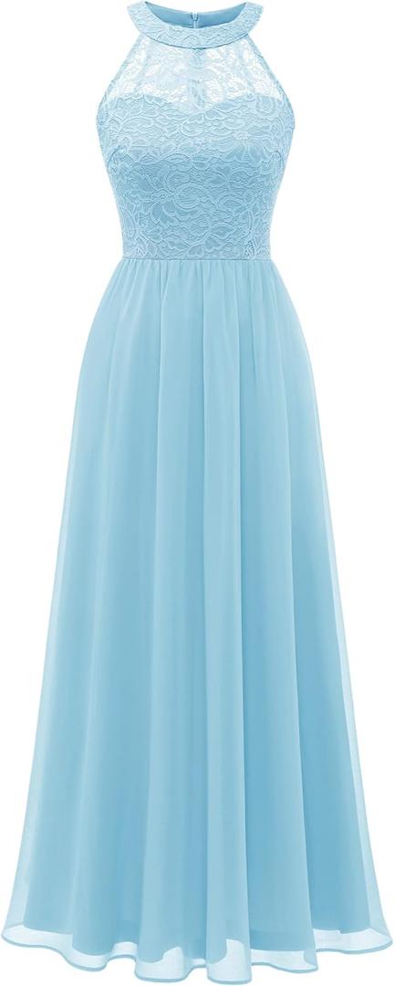 Wedtrend Women's Formal Dress, Halter Long Prom Dress Floral Lace Bridesmaid Dresses (L, Blue)