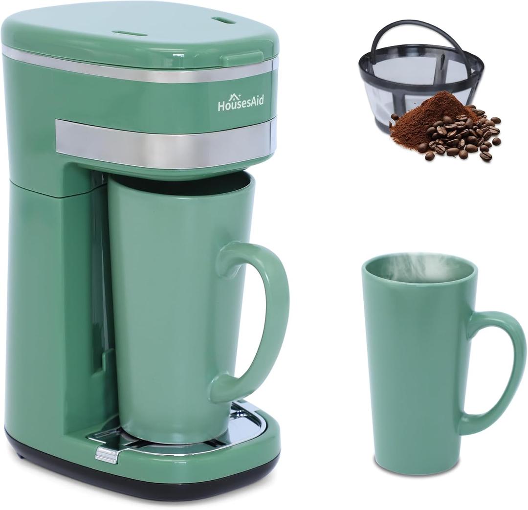 Coffee Machine, Single Serve Coffee Maker, One Cup Coffee Maker with Reusable Filter & One-touch Control Button, Portable Brewer for Camping, Travel & Home, Easy To Clean& Store,15oz/450ml (Greener)