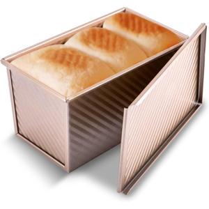 KITESSENSU Pullman Loaf Pan with Lid, 1 lb Dough Capacity Non-Stick Bakeware for Baking Bread, Carbon Steel Corrugated Bread Toast Box Mold with Cover for Baking Bread, Gold