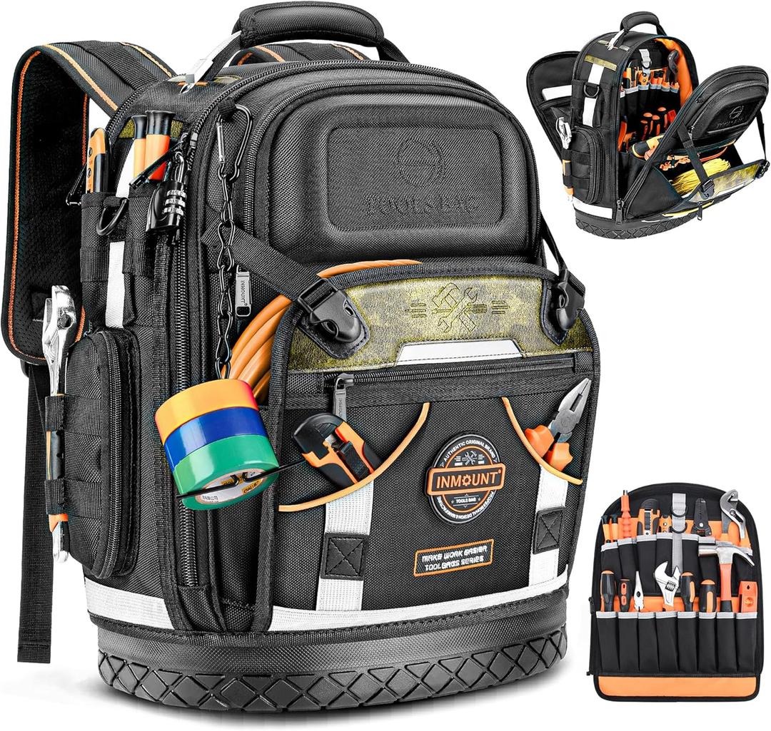 Tool Backpack Bag, HVAC Heavy Duty Construction Tools Backpack for Men, 1680D Professional Level Durable Tool Organizer, with Molded Base & Combination Lock, for Electricians & Home Repair-Version 3.0 (Black)