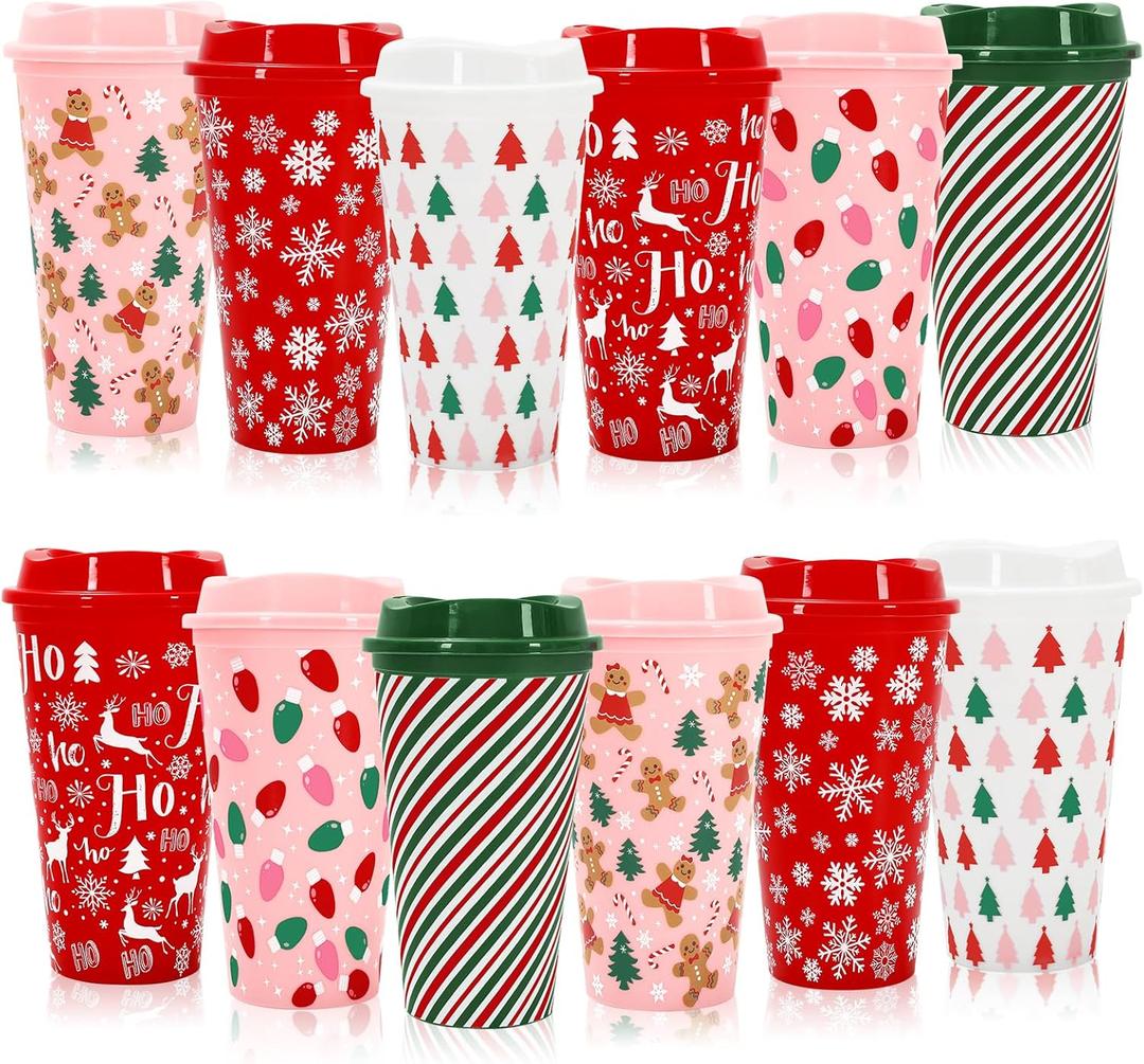 Whaline 12Pcs Christmas Plastic Cups Gifts 16oz Drinking Cup with Lids Pink Red Green Xmas Tree Gingerbread Snowflake Reusable Coffee Cup for Women Coworkers Holiday Drinks Winter New Year Supplies