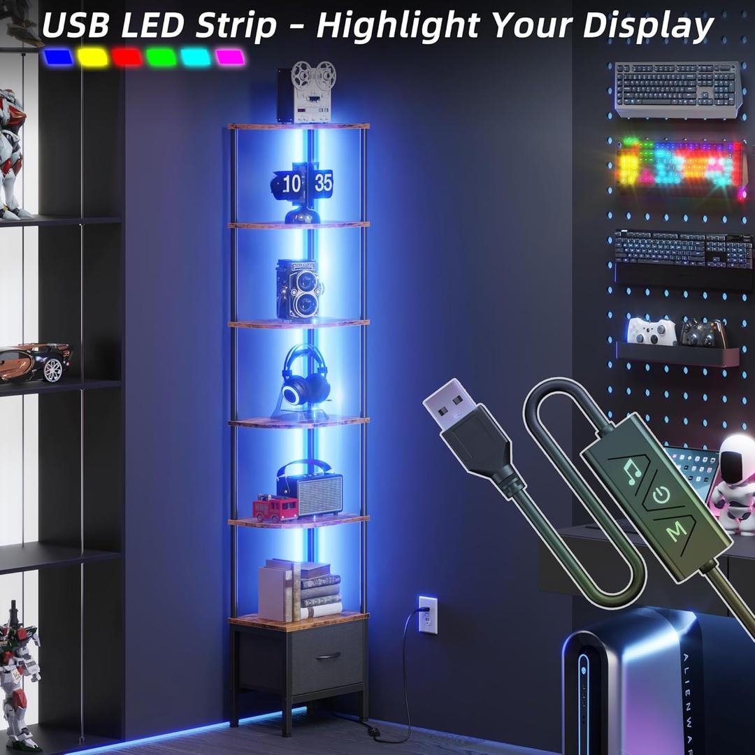 AFLUI 6-Tier Corner Shelf with LED Light & Fabric Drawer, 75" Tall Corner Bookshelf for Small Space, Narrow Book Shelf for Corner, Living Room, Bedroom, Rustic Brown (6 Tier (10.6"D x 14.6"W x 75.2"H)