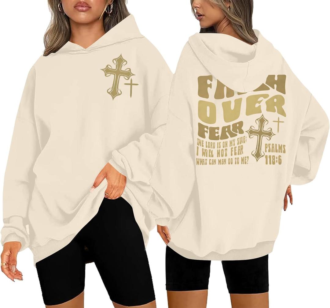 Christian Hoodies Women Faith Over Fear Hooded Sweatshirt Religious Pray Shirt Jesus Bible Verse Long Sleeve Pullover (XL)