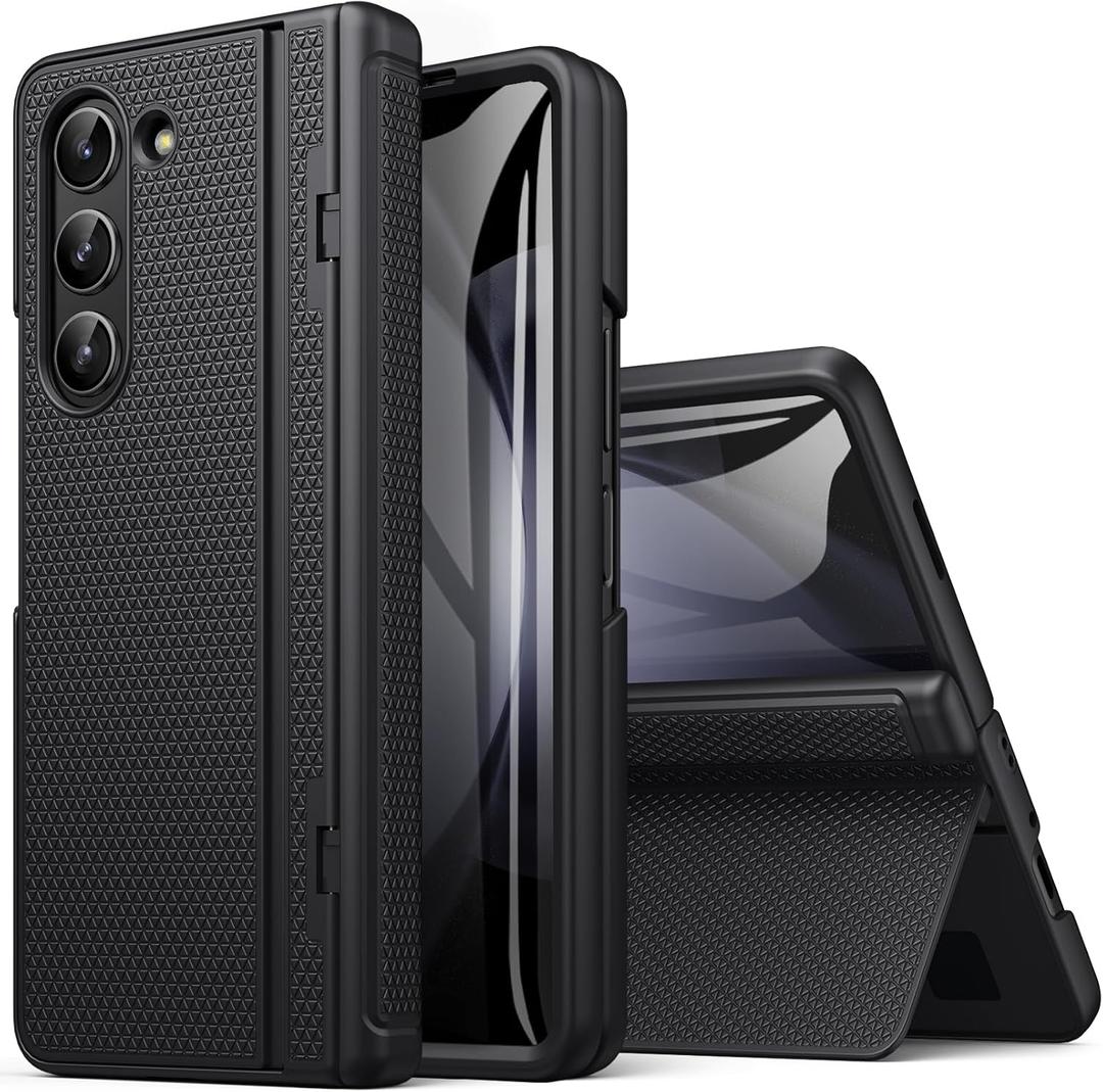 BXYJY for Samsung Galaxy Z Fold 5 Case with Stand, Front Screen Protector, Hinge Protection, Slim & Rugged, Full Body Hard Cover, Daily Drop Protective Phone Case for Samsung Z Fold 5 5g 2023, Black
