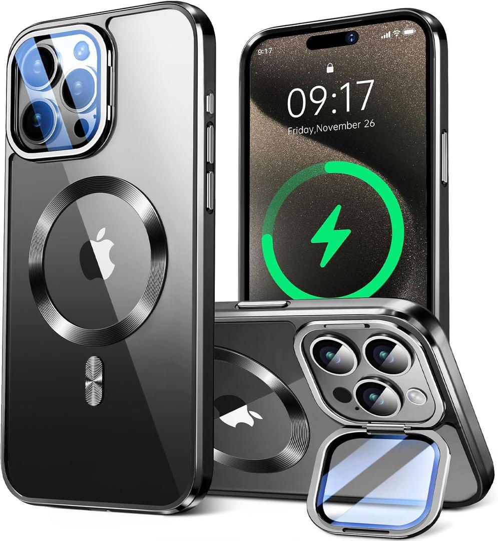for iPhone 15 Pro Max Case Compatible with Magsafe Accessories,Stash Stand 9H Lens Protection,Slim Phone Case Military-Grade Shock Anti Yellowing Transparent Case 6.7-Black