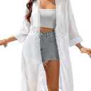 BB&KK Kimonos for Women Long Beach Cover Ups Summer Swimwear Sheer Boho Embroidery Open Front Floral Midi (M, White)