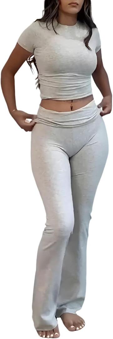 Women's 2 Piece Lounge Outfits Slim Short Sleeve Tops Low Rise Flare Leggings Sets Yoga Sweatsuit (Medium) Women's 2 Piece Lounge Outfits Slim Short Sleeve Tops Low Rise Flare Leggings Sets Yoga Sweatsuit (Medium)