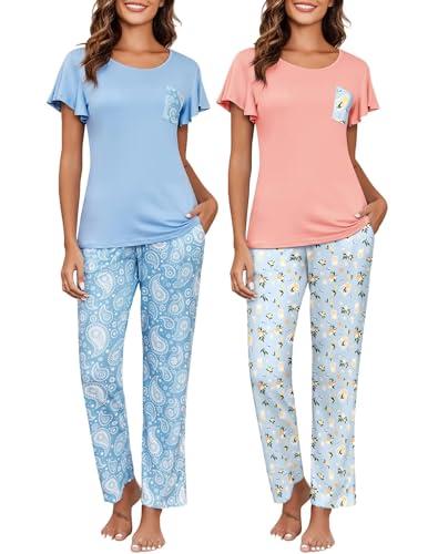 Ekouaer 2 Pack Womens Pajama Sets Short Sleeve Womens Pj Sets Pants and Top Sleepwear Floral Printed Soft Loungewear Sets with Pockets M