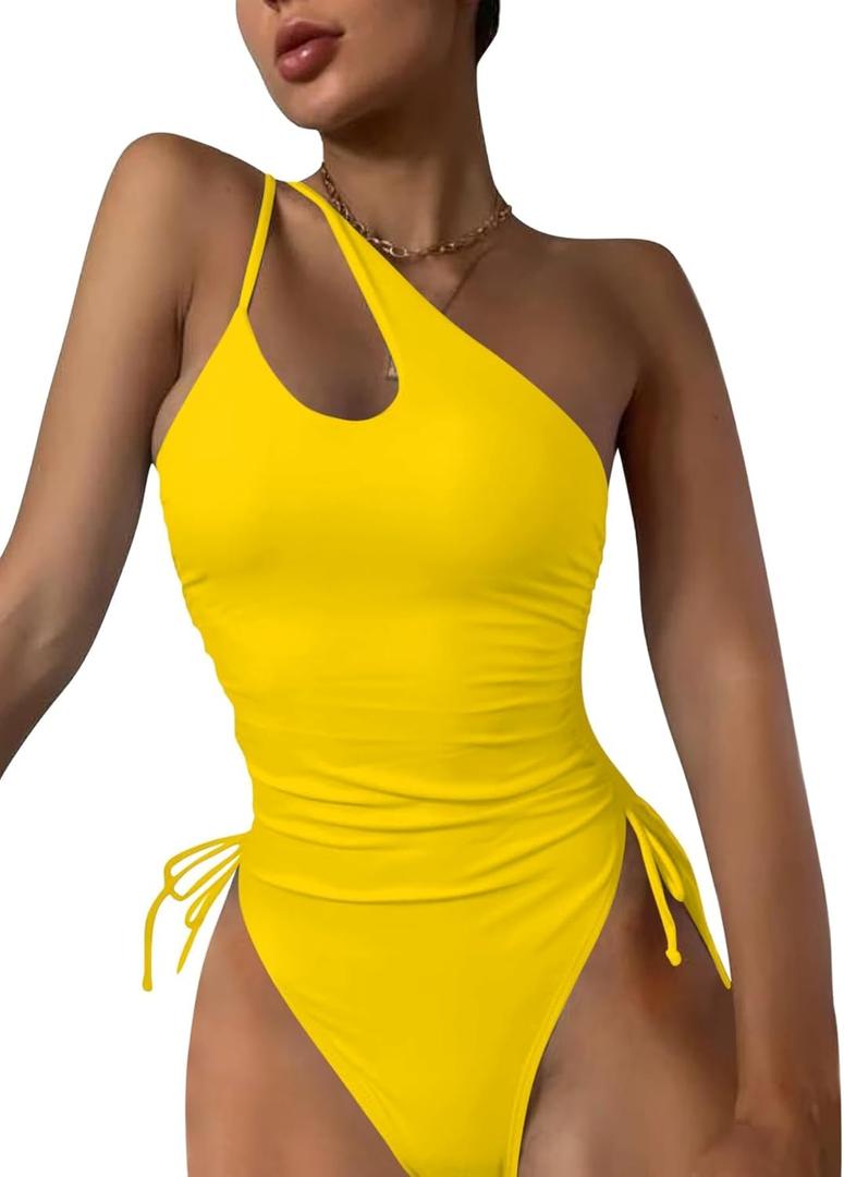 Eomenie Women's One Piece One Shoulder Swimsuit with Drawstring Tummy Control Bathing Suit Sexy High Cut Swim Suits, M