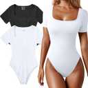 OQQ Women's 2 Piece Bodysuits Sexy Ribbed One Piece Square Neck Short Sleeve Bodysuits (Black White), Medium