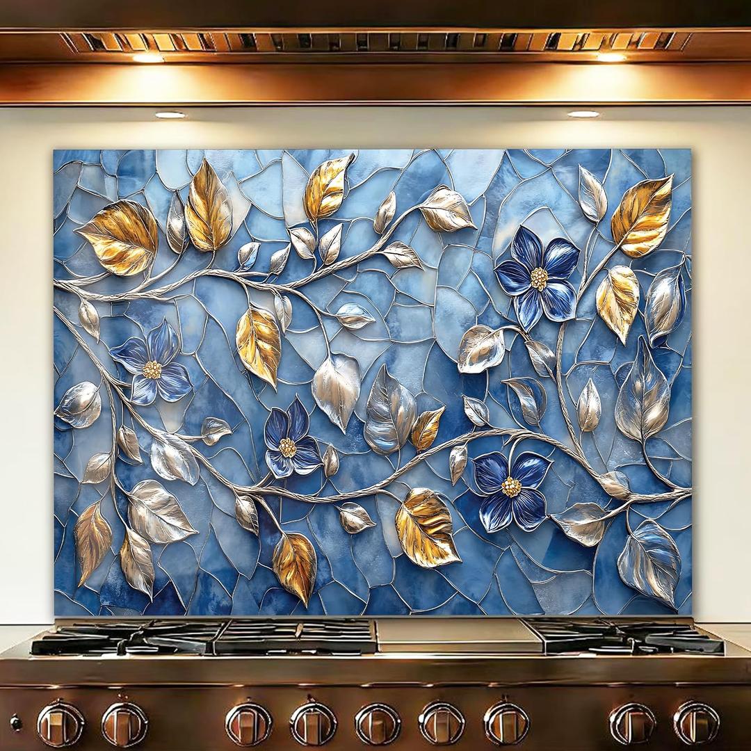 LMSDYSHU Tempered Glass Backsplash for Kitchen, Mosaic leaves, Frameless, Stove Backsplash Protector for Wall,Easy to Clean, Home Decor (30"x24")