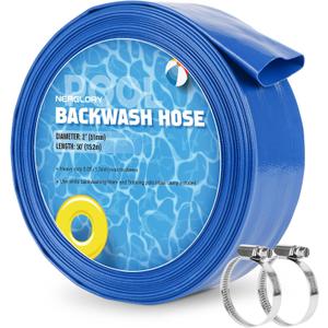 2" x 50 FT Pool Backwash Hose, Heavy Duty Flat Sump Pump Hose, Reinforced Discharge Hose with Clamp, Weather and Burst Resistant, Drain Clean Swimming Pools and Filters for Inground Pools
