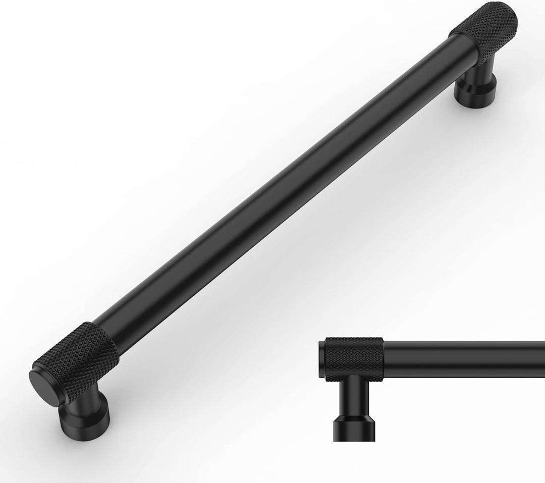 Amerdeco 10 Pack Matte Black Knurled Cabinet Pulls - 7 Inch(177.8mm) Hole Center Kitchen Handles Drawer Pulls Cabinet Hardware ZH0034