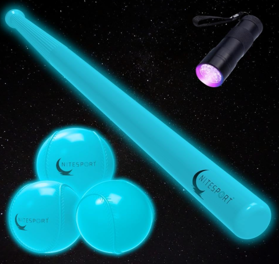Glow in The Dark Plastic Baseball Bat Set w/UV Light