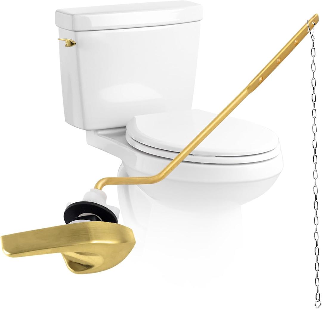 Universal Brushed Gold Toilet Handle Replacement Kit, Side/Angle Mount Toilet Flush Handle Compatible with Kohler K-GP30324-CP/TOTO/American Standard, Stainless Steel Flapper Chain