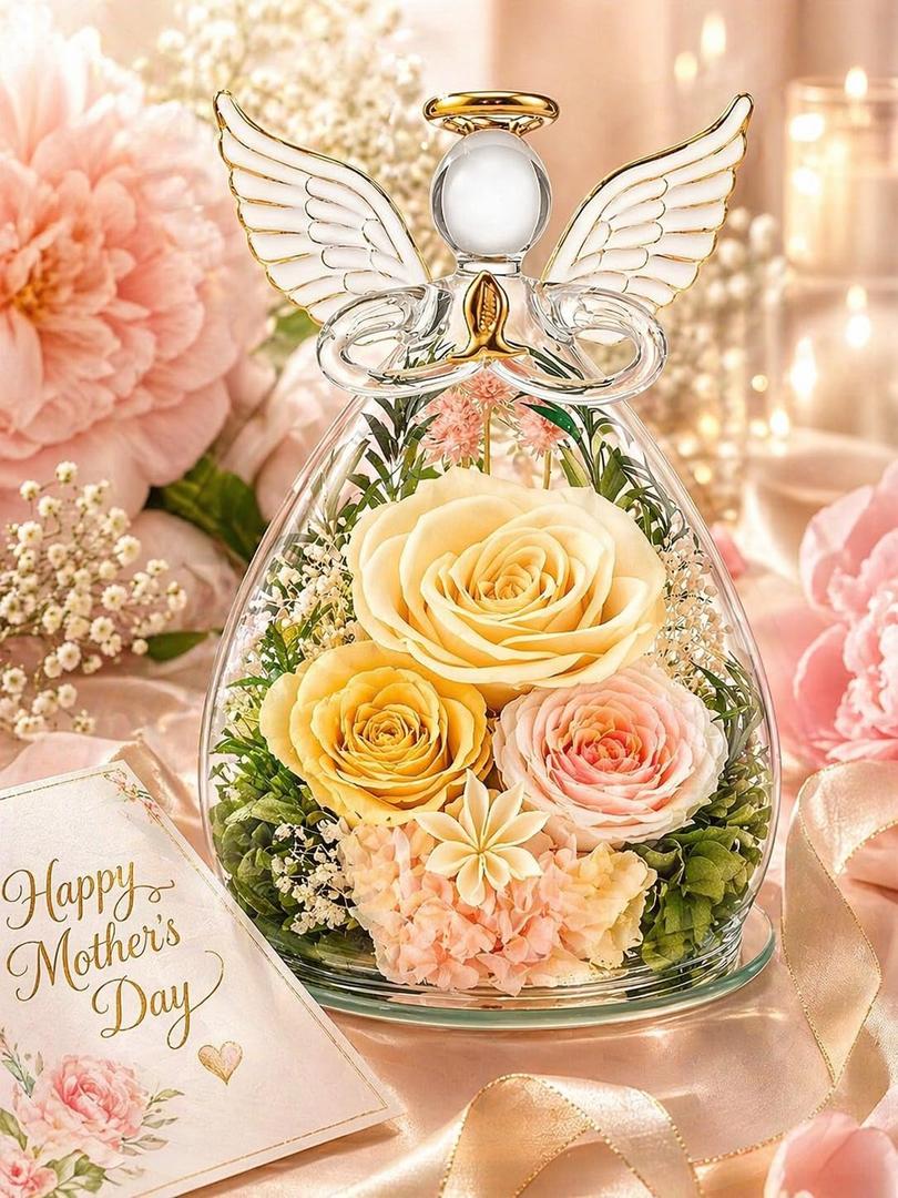 Preserved Rose in Glass Angel Figurine, Mothers Day Gifts for Mom/Wife/Grandma, Forever Flowers Rose Anniversary, Graduation or Birthday Gifts for Women Her