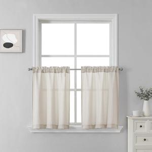 SeeGlee Country Faux Linen Curtains 36 Inch Length for Small Window Coverings - Beige Rod Pocket Semi Translucent Short Curtains for Bathroom Laundry Room W26 x L36 2 Panels