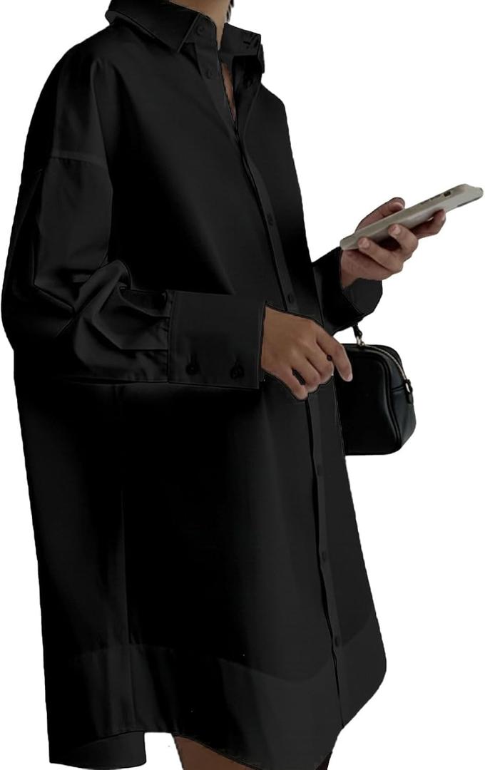 Women's Button Down Shirt Dress - Long Sleeve Business Casual Office V Neck Midi Tunic Tshirt Dress (No Pocket) Large