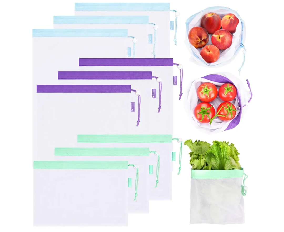 9-Pack Reusable Produce Bags & Vegetable Bags – Heavy Duty Washable Mesh Grocery Bag with Drawstring Closure, Eco-Friendly Storage for Farmers Market, Groceries, Beach & Fridge (L, M, S)