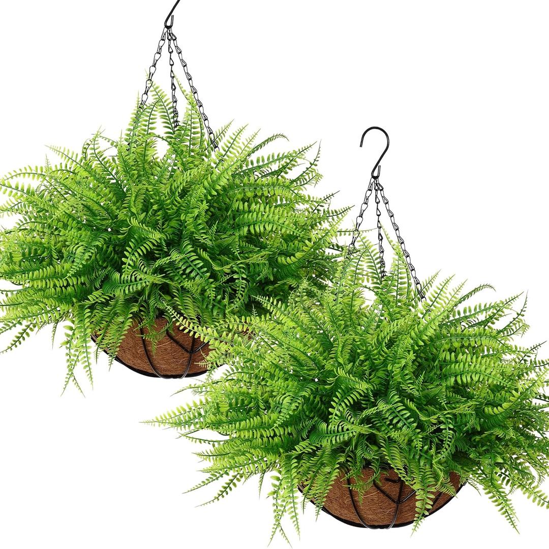 KHOYIME Artificial Hanging Plants with Basket 2PCS Fake Boston Fern Baskets, Outdoor Faux Greenery Stems Hanging Decor UV Resistant Indoor Outside Decorations for Home Garden Porch Balcony Patio Yard, Green Boston Fern