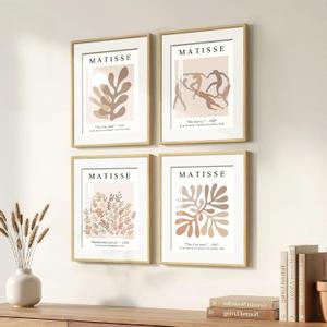 4 Piece Framed Matisse Neutral Wall Art, Abstract Minimalist Beige Artwork for Walls, Mid Century Modern Botanical Prints Paintings for Living Room Bedroom Office Wall Decor 11x14 Inch