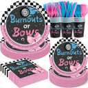350 PCS Burnouts or Bows Gender Reveal Decorations for 50 Guests，Boy or Girl Gender Reveal Party Supplies Inclide Plates and Napkins,Cups Disposable Cutlery