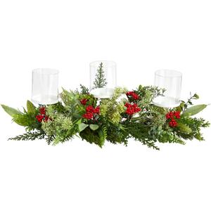 Nearly Natural 20in. Holiday Winter Greenery and Berries Triple Candle Holder Artificial Christmas Table Arrangement