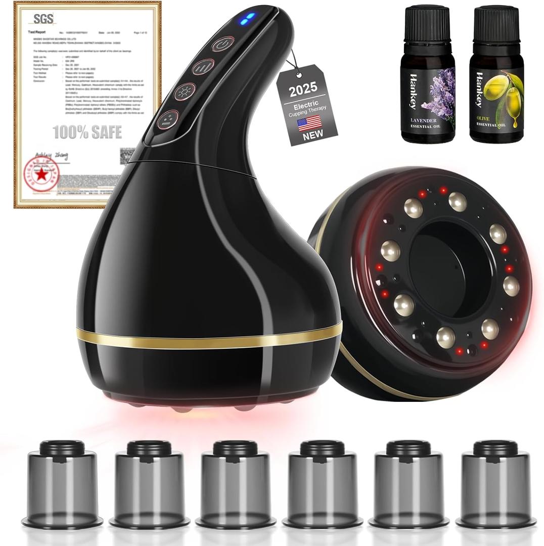 Upgrade 8-in-1 Cupping Kit for Massage TherapyTOP.1 Germany Control System-100% Smart MassageGua Sha +Red Light TherapyNO.1 Split DesignCupping Set for Targeted Pain Relief,Knots (Black)
