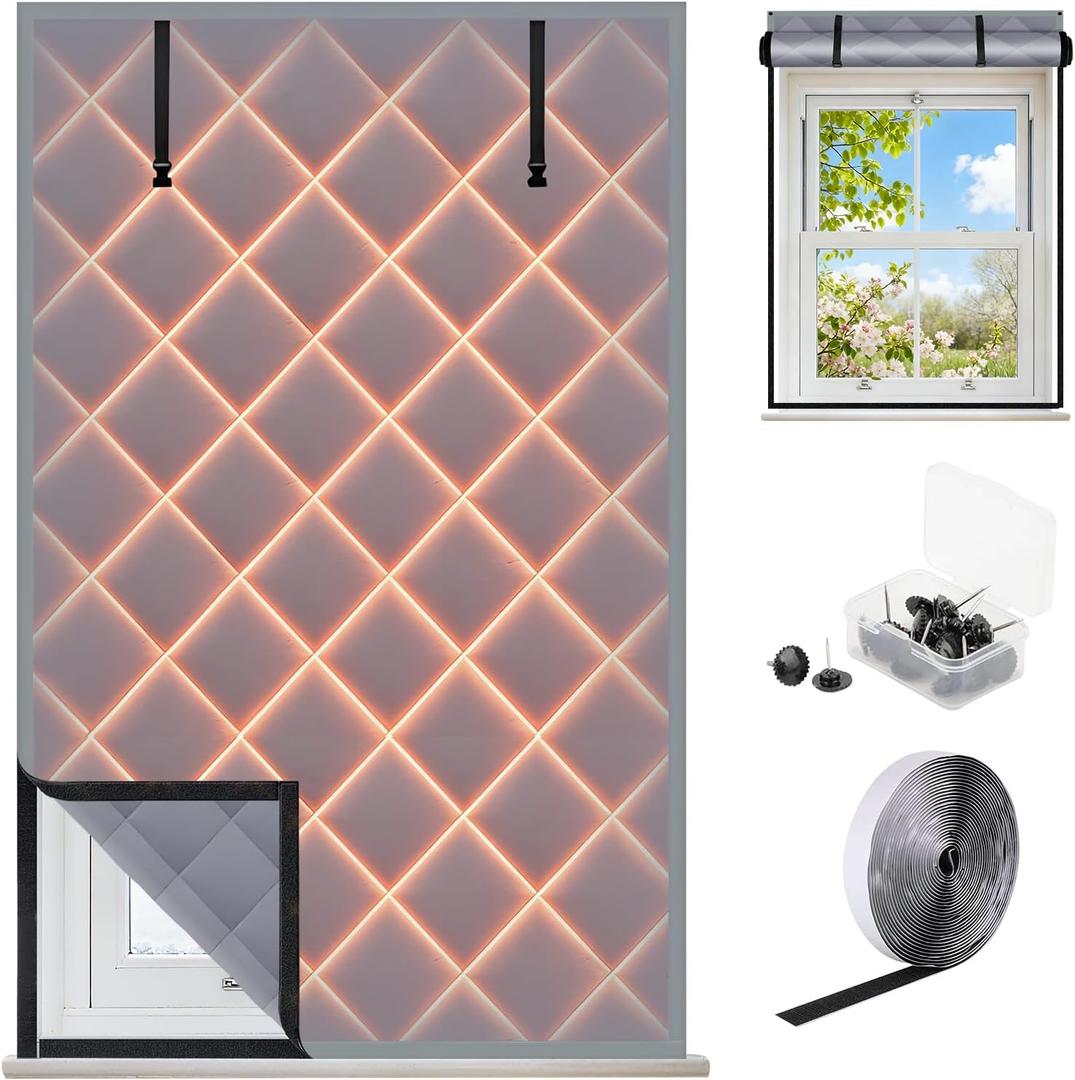 3 Layer 63 x 39 Inch Window Insulation for Winter, Oxford Thermal Insulated Window Cover with Thicken Cotton & Fastener, Grey Window Curtain Kit for Winterizing Keeping Home Warm