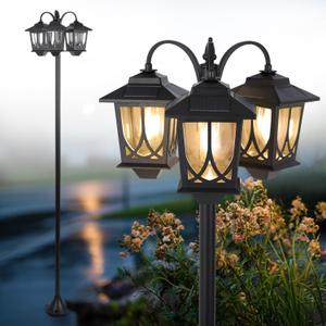 3-Head Solar Lamp Post Light, 73" Solar Lights Outdoor Waterproof, 60Lm 3000K Pathway Lights for Garden, Lawn, Yard