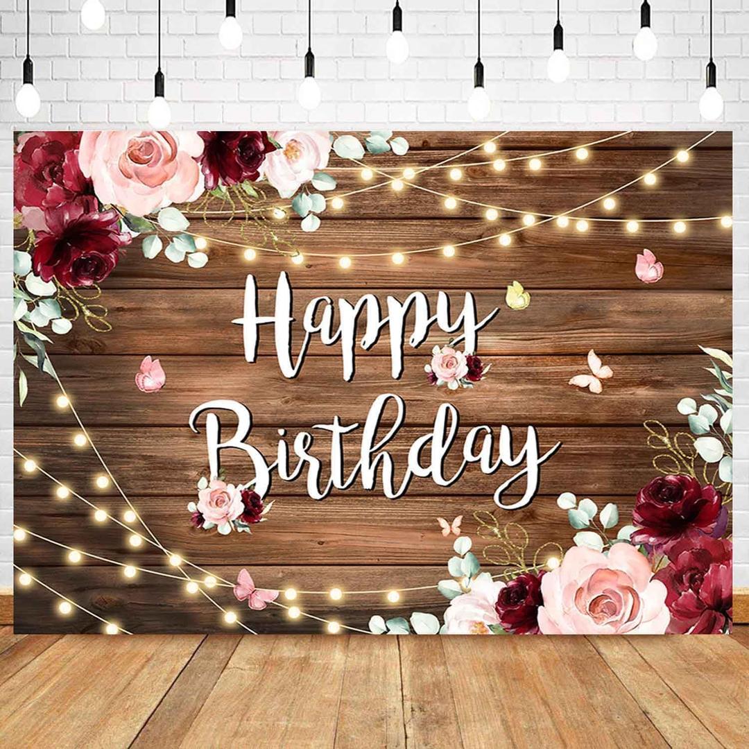 Sensfun Rustic Wood Happy Birthday Backdrop Burgundy Pink Floral Girls Women Birthday Photography Background Flowers Wooden Birthday Party Banner Decorations Cake Table Supplies Photo Props7x5ft