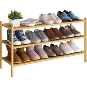 BMOSU 3-Tier Bamboo Extended Shoe Rack Premium Stackable Shoe Shelf Storage Organizer for Hallway Closet Living Room Entryway Organizer(Natural)