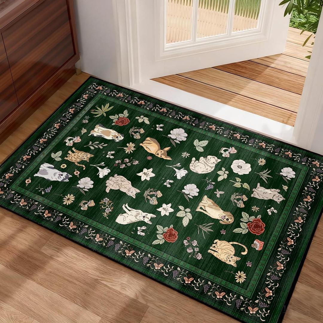 Animal Cat Dog Floral Entryway Rug 2X3 Small Area Rugs Washable Door Mat Soft Low Pile Non-Slip Kitchen Rugs Stain Resistant Indoor Throw Rug for Entrance, Bedroom, Kitchen, Laundry, Bathroom Green