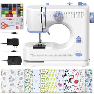 Sewing Machine for Beginners with 20Pcs Fabric & 32Pcs Sewing Threads Kit,Portable Sewing Machine with 12 Built-in Stitches & 2 Speed(High-Low Speeds) - White&Blue