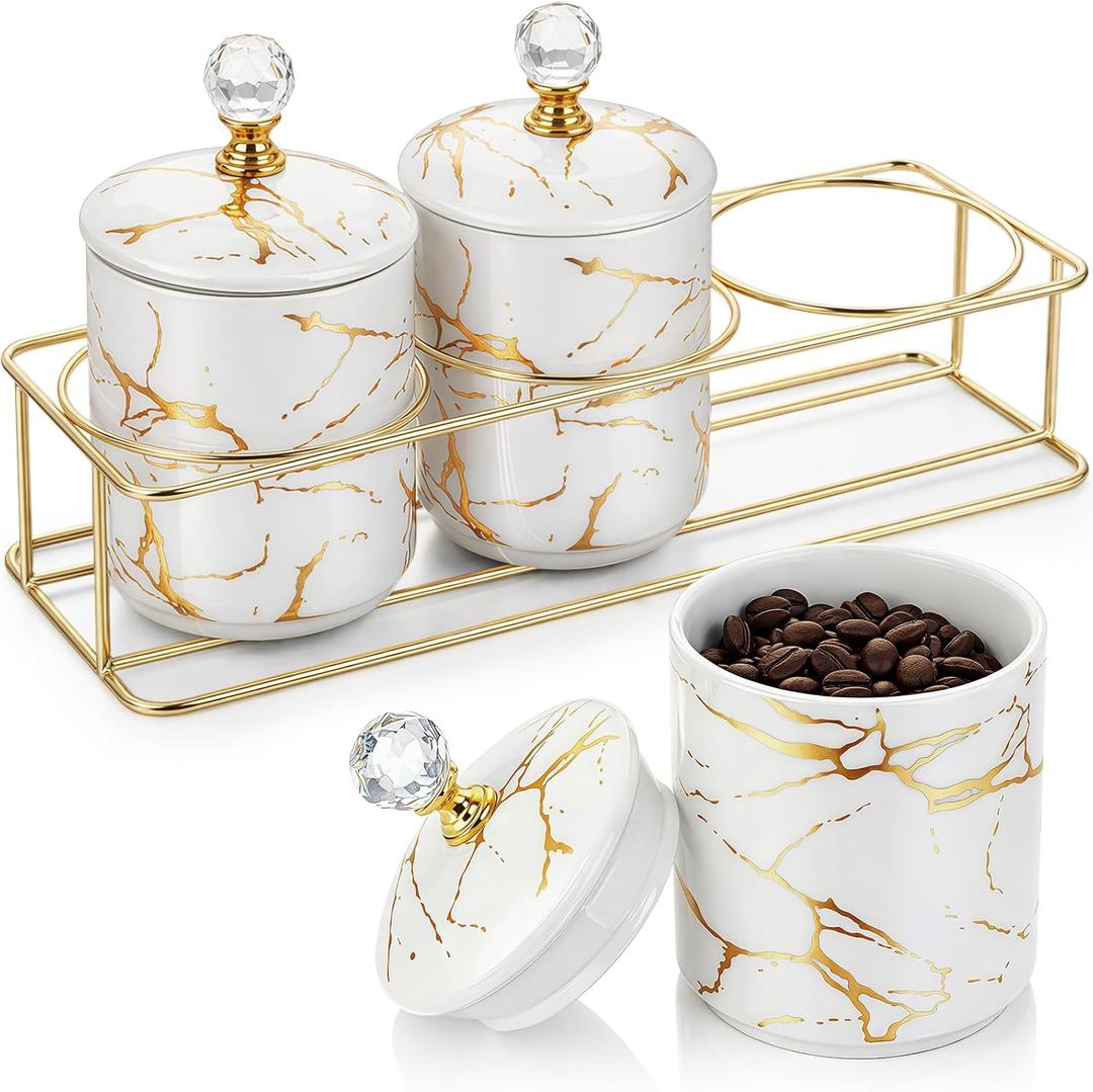 3 Pcs Ceramic Coffee Canister Set with Lids and Metal Stand, Marble Sugar Coffee Tea Containers, Kitchen Counter Storage Jars for Bar Accessories