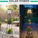 2 Pack Solar Floor Lamps Outdoor with 2-Tier Plant Stand, Metal Tall Planter Holder with Waterproof LED Lantern, Decorative Patio Light & Flower Pot Display Rack for Garden, Deck, Porch, Balcony