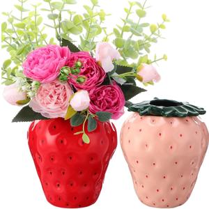 2 Pcs Strawberry Vase 6 Inch Strawberry Shaped Aesthetics Ceramic Fruit Planter Pot Decor Stuff Gifts for Party Baby Shower Kitchen Office Home Decorations