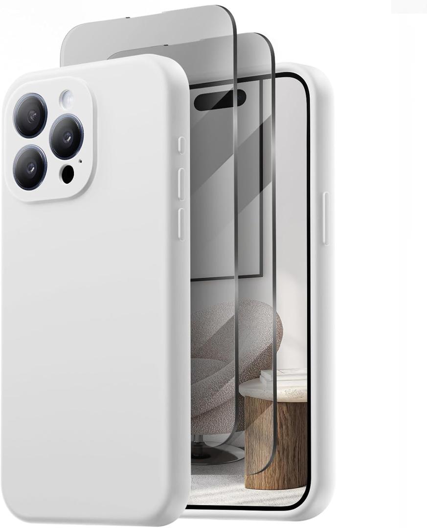 Designed for iPhone 15 Pro Max Case, Compatible with MagSafe, with 2X Privacy Screen Protectors, Full Camera Protection, Silicone Shockproof Protective Slim Phone Case 6.7", White