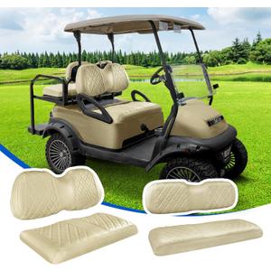 NOKINS 4PCS Golf Cart Seat Covers Kit, Front and Rear Seat Covers Fits Club Car Precedent Standard Seat Cushion, Club Car Vinyl Diamond Seat Covers Accessories, No Staples (Buff)