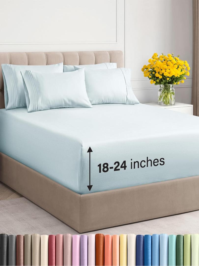 Extra Deep Cal King Sheet Set - 6 Piece Breathable & Cooling Sheets - Hotel Luxury Bedding Set w/18-24 Inch Extra Deep Pockets - Easy Fit - Super Soft, Wrinkle Free & Comfy - Ice Blue, Cal King Size