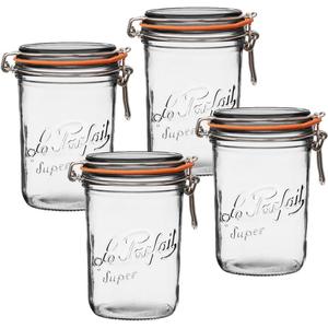 Le Parfait Super Terrine Jar | 32oz/Quart (Pack of 4) 1L French Glass Jar, Airtight Rubber Seal & Glass Lid | Glass Jars for Kitchen Organization and Storage Containers for Kitchen Essentials