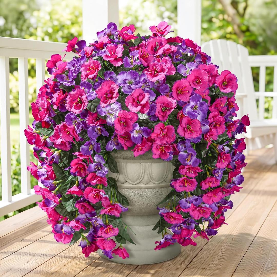Fake Hibiscus Artificial Hanging Flowers Plants for Outdoors Decoration, 2pcs Silk Hibiscus Vines Realistic UV Resistant Purple Fuchsia Faux Flowers for Outside Planter Porch Patio Yard Home Party