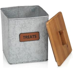 Red Co. Dog & Cat Treats Corrugated Metal Storage Canister with Wooden Lid, Distressed, 7.25" x 8