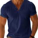 Runcati Mens Casual T Shirts Short Sleeve V Neck Henley Linen Shirt Button Basic Fashion Summer Beach Tee Tops (Large)