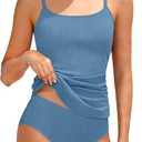 CRISONE Girl Swimsuit 2 Piece Ribbed Solid Color+Tropical Print Tankini Swimsuits Modest Swimwear Girl Bathing Suit for 9-16T (13-14 Years, Dark Blue)