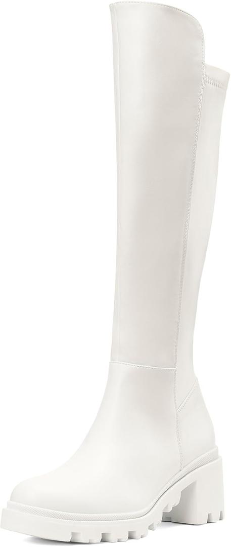 DREAM PAIRS Women's Knee High Boots, Comfortable Platform Round Toe Stretch Boots for Women (Size 7, White)