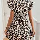 SweatyRocks Women's Leopard Print Mini Dress Short Sleeve V Neck Ruffle A Line Flowy Summer Dresses (Brown, S)