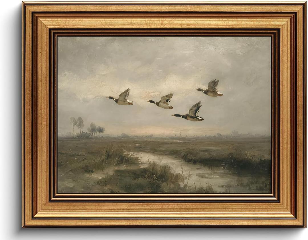 Gold Framed Wall Art Vintage Wall Decor Flying Duck Canvas Art Prints Wildlife Paintings Hunting Pictures Countryside Artwork for Bedroom Living Room 8x10in