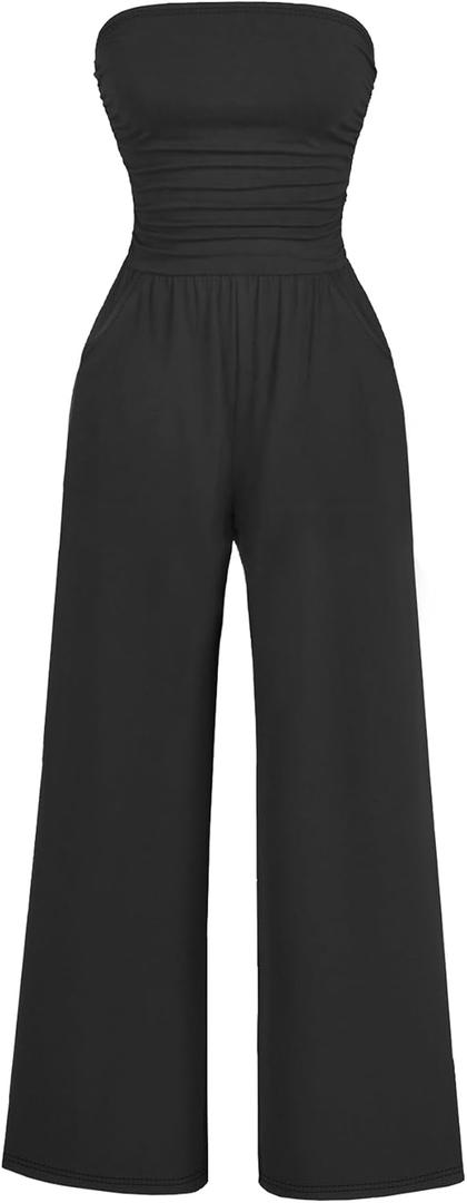 AUXDIO Women's Casual Summer Strapless Jumpsuits Off Shoulder Sleeveless Backless 2026 Wide Leg Romper with Pocket, Black, XL