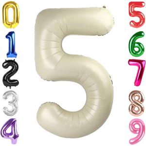 40 Inch Cream Number 5 Balloon, Giant 5 Number Balloons for 5th Birthday Decorations, Party Supplies for Baby Boy Girl, Cream Party Decor